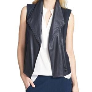 Vince Vest Goat Leather Cotton Mixed Media Moto Zip Asymmetrical Blue Navy XS